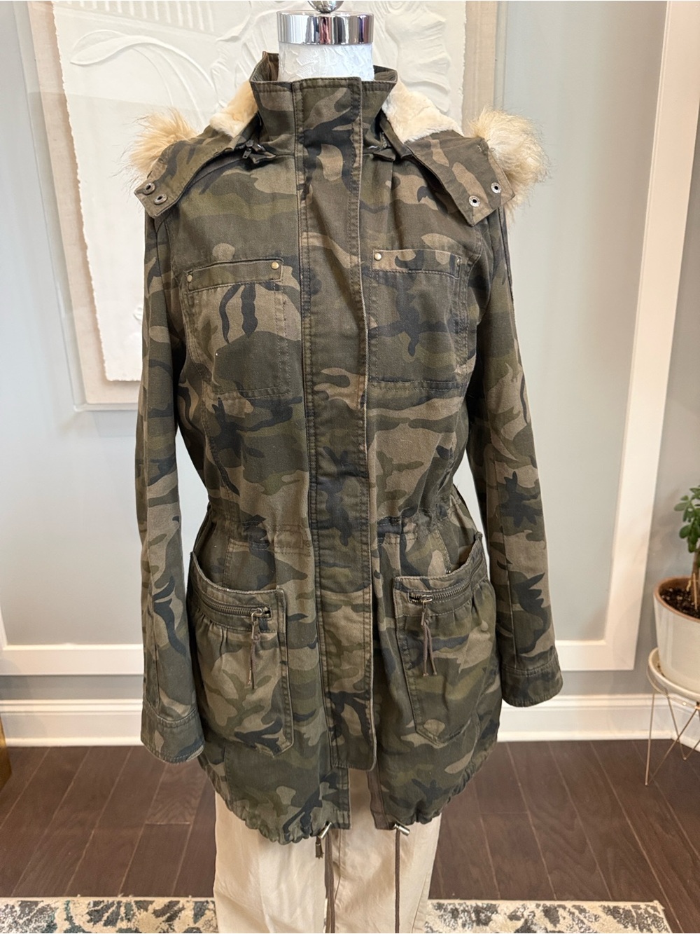 Express Camo Faux Fur Shearling Lined Utility Parka Jacket Small Petite S